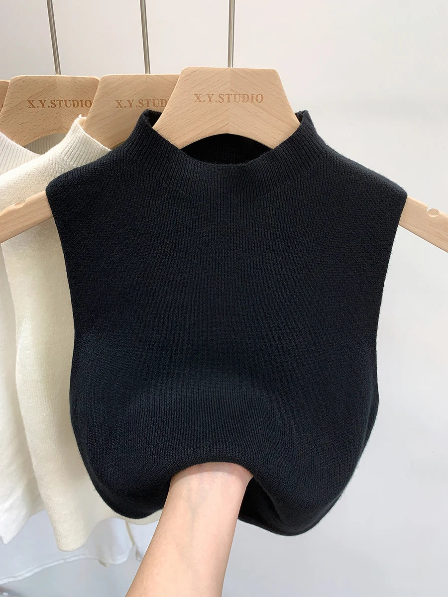 Débardeur Tricoté Femme Été Automne Pull Slim Court Sans Manches Couleur Unie Printemps Automne
