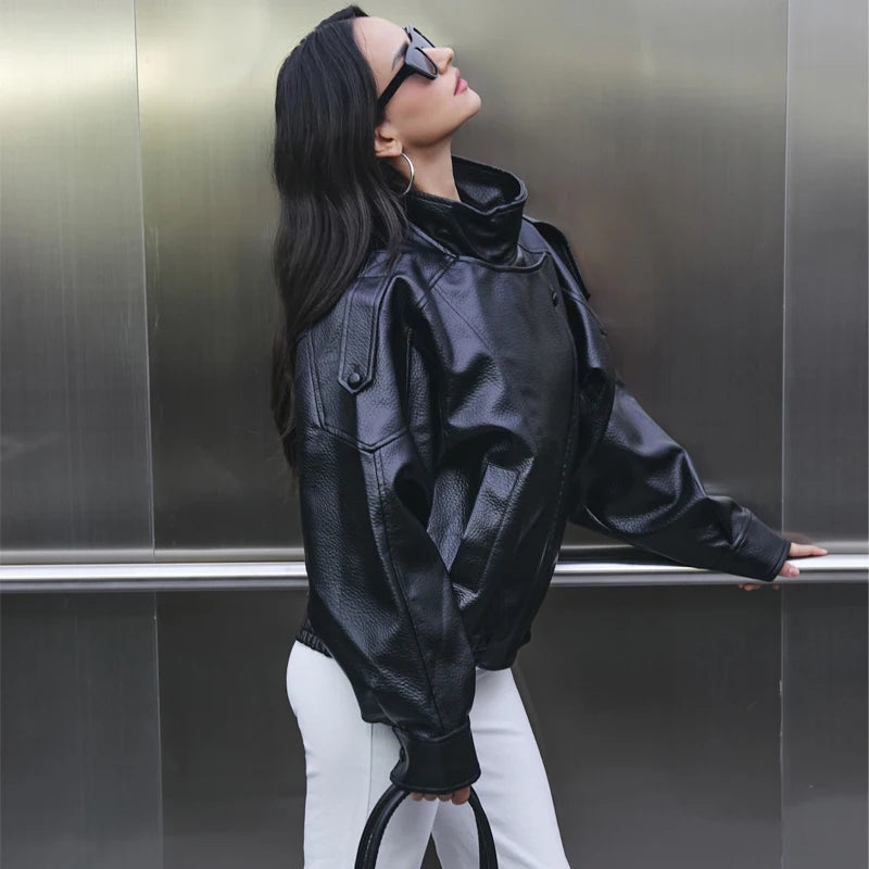 MUJER Faux Leather Women's Jacket Black Oversize Bomber