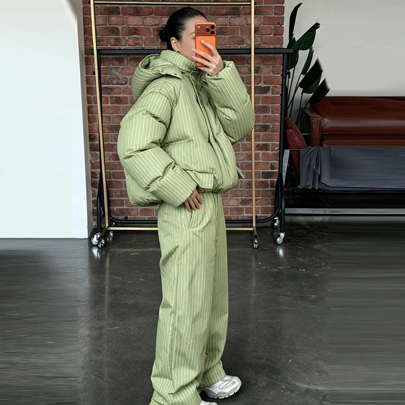 Women's Striped Puffer Jacket Two Piece Set Detachable