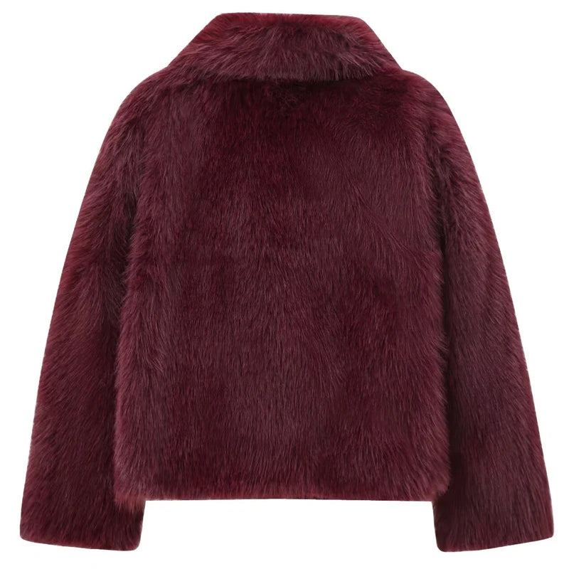 HXAO Women's Fur Coat Women 2024 Plush Burgundy Bomber