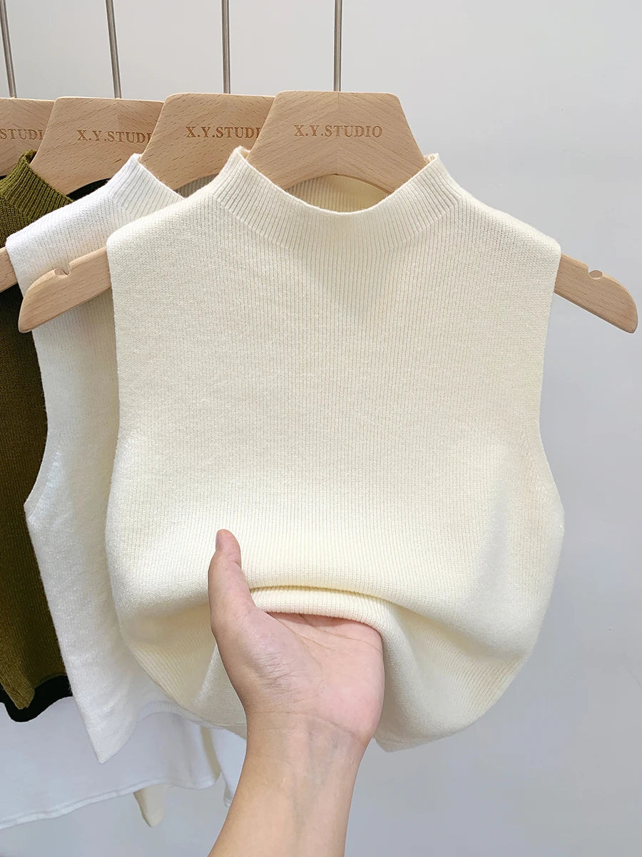 Débardeur Tricoté Femme Été Automne Pull Slim Court Sans Manches Couleur Unie Printemps Automne