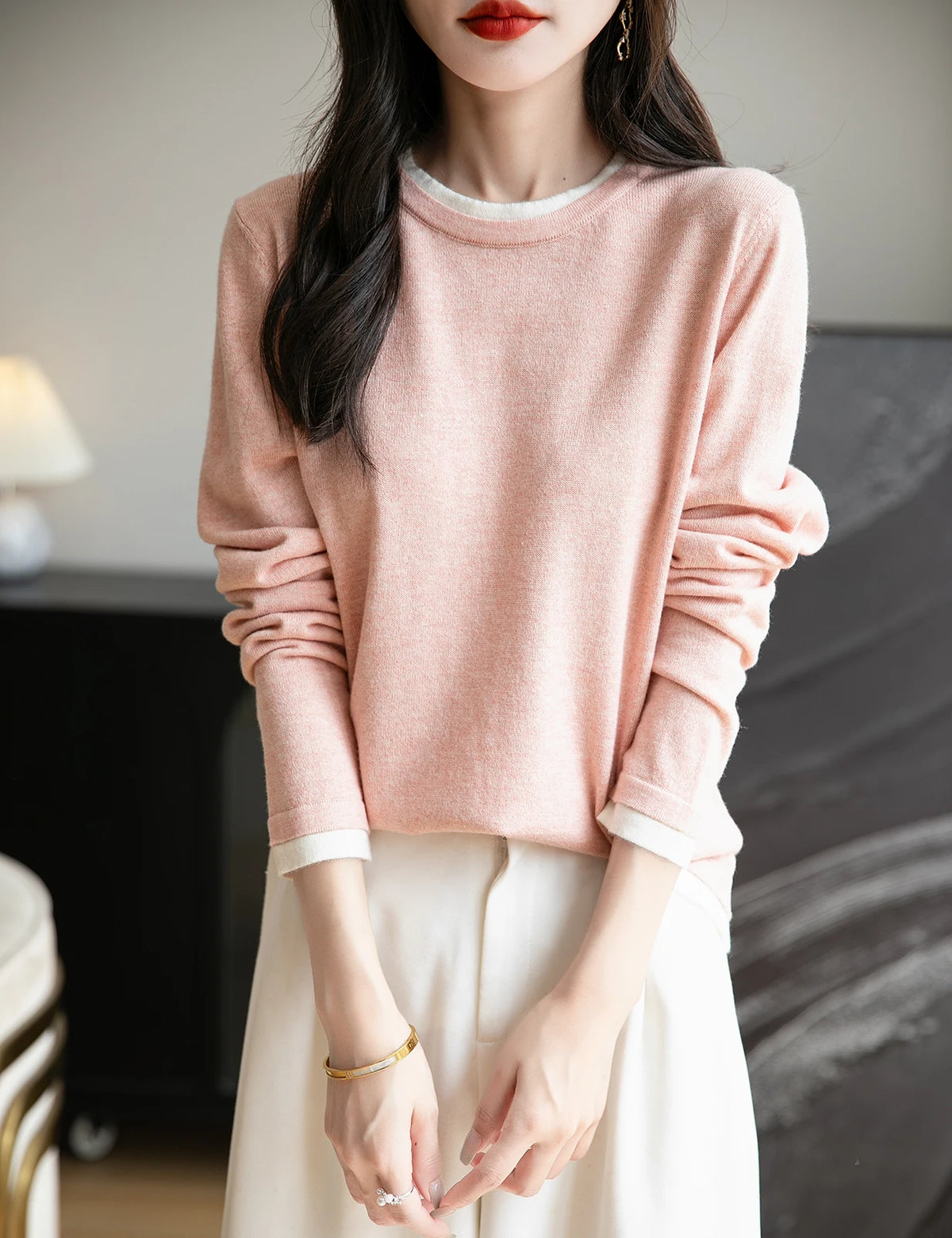 T-shirt fin à col rond pour femme, pull en tricot, printemps été, basique, manches longues, fausse laine, doux, vêtements pour femme