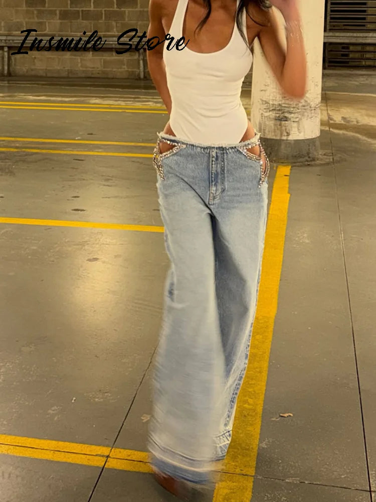 Jean étoile à taille haute et jambe large pour femme