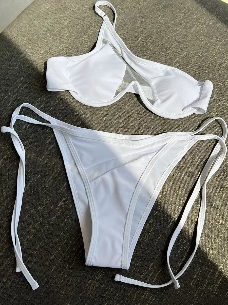 One Shoulder Mesh Bikinis Underwired V - Bar Bikini