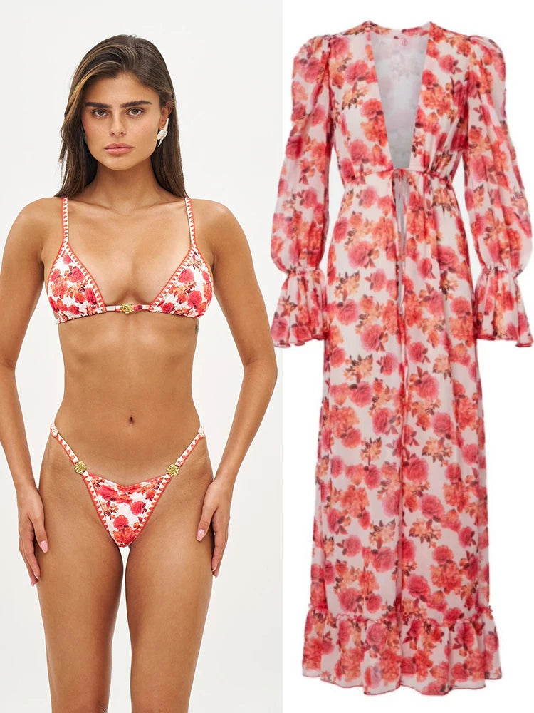 Long Dress Bikini Cover Up Print Mesh Swimwear