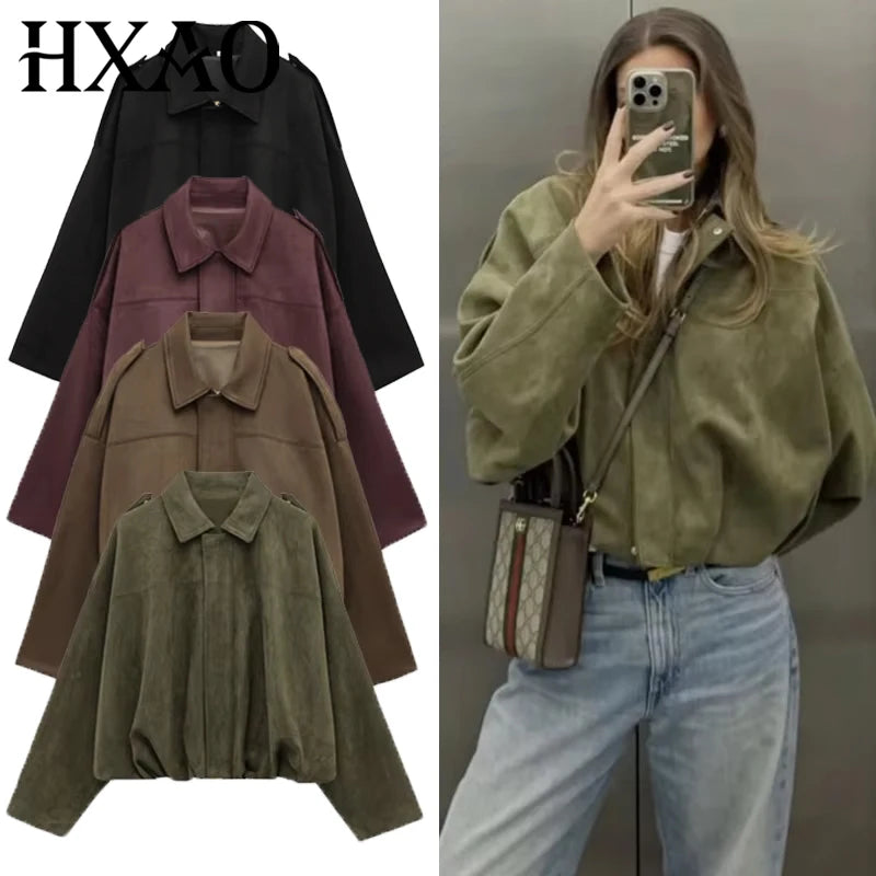 HXAO Women's Bomber Jacket Lapel Long Sleeve Zipper