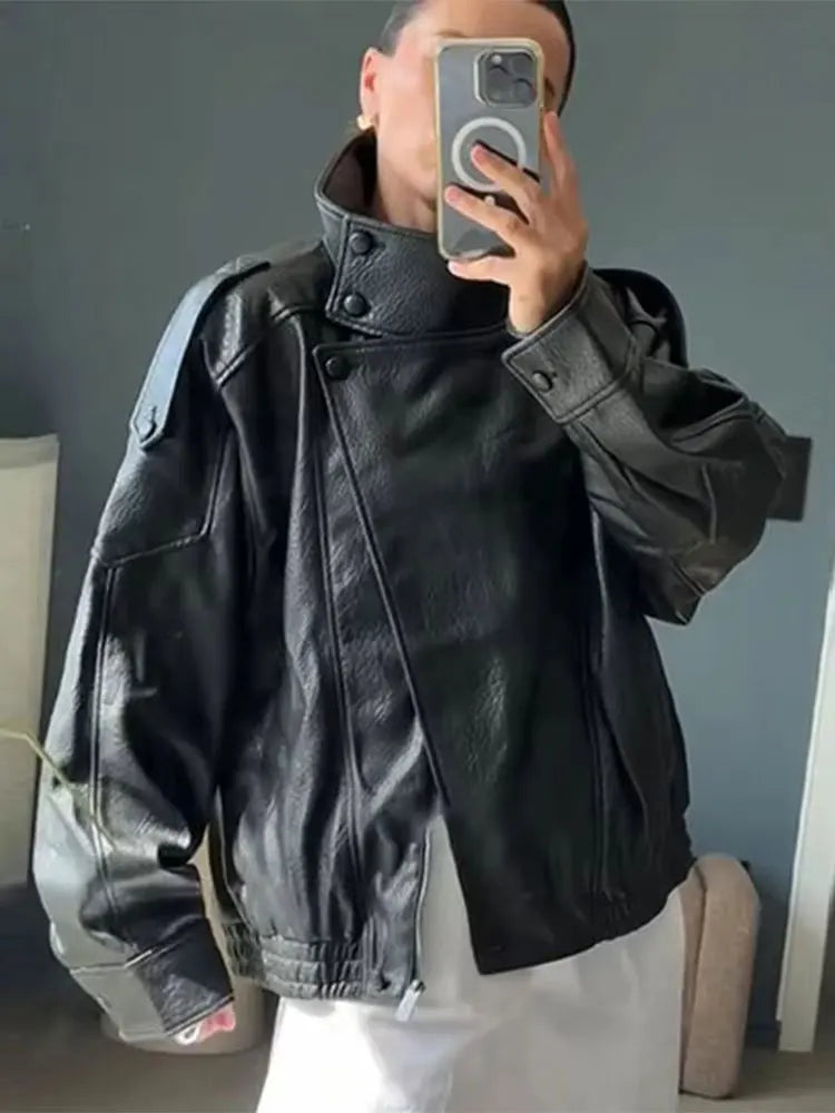 Women's Faux Leather Zip Jacket Streetwear Coat