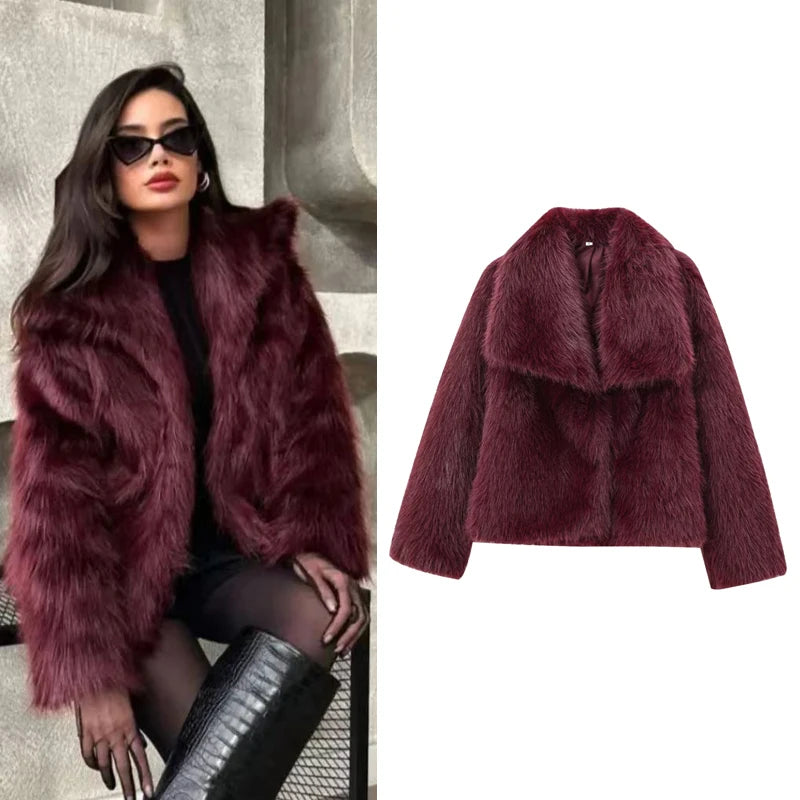 HXAO Women's Fur Coat Women 2024 Plush Burgundy Bomber