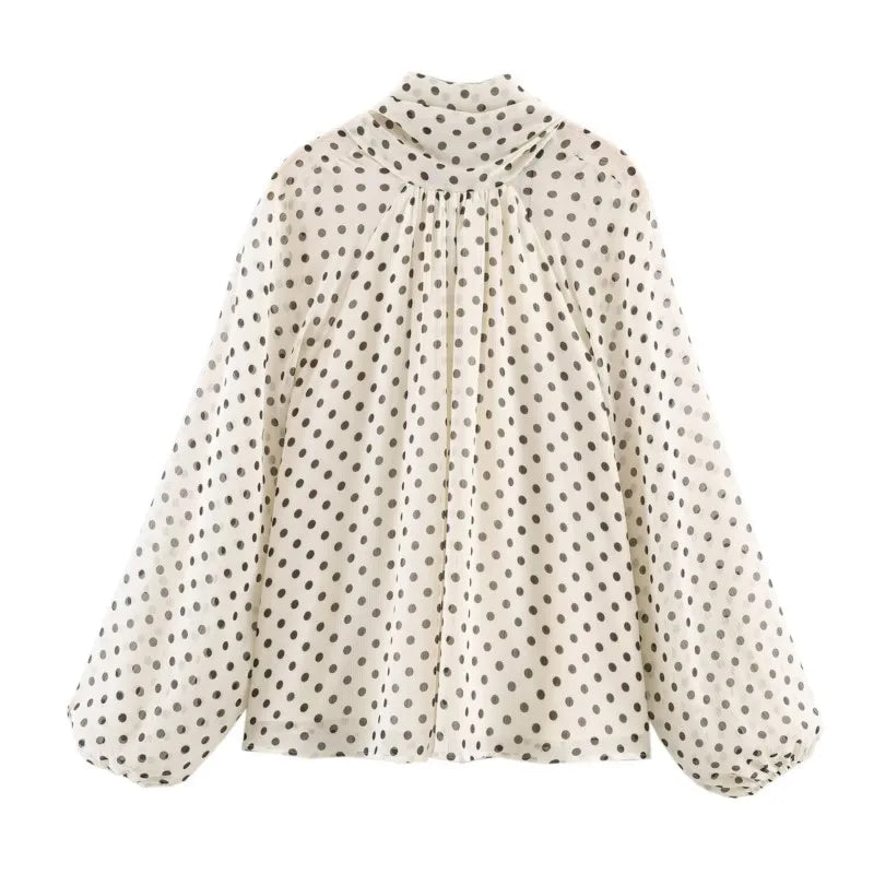 Women Polka Dot Print Blouse Casual High Collar Long