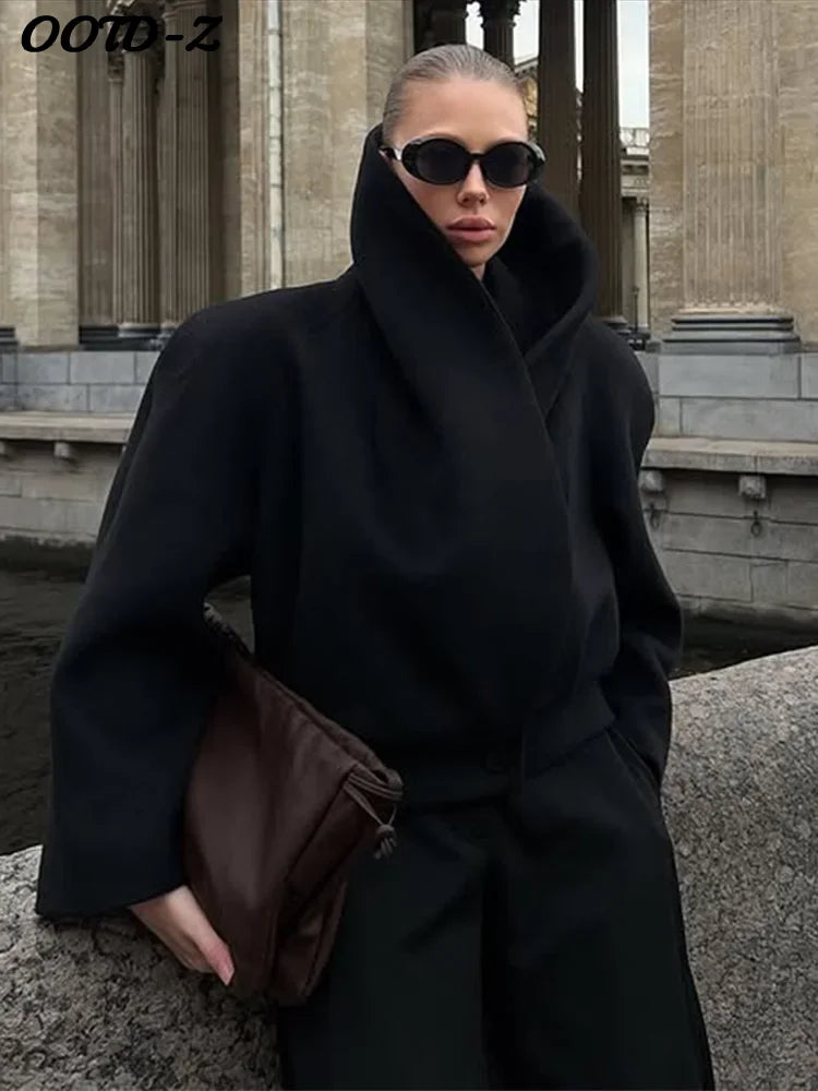 Manteau en laine pour femme à col montant, style urbain, ample, à manches longues et boutonnage, noir, veste féminine automne-hiver, vêtement d'extérieur pour femme