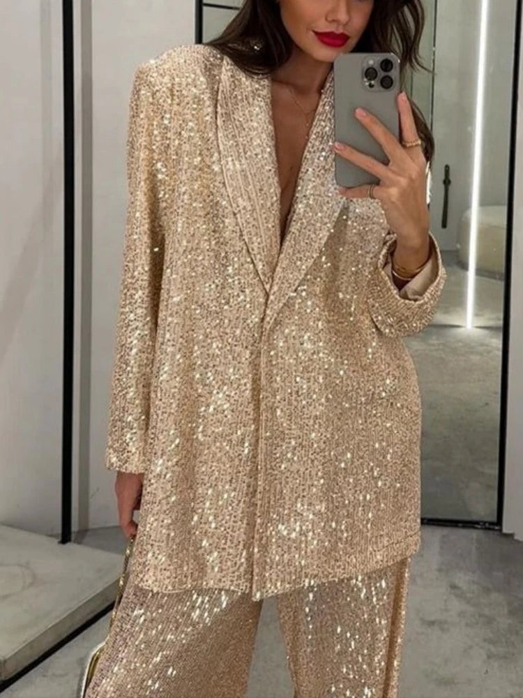 Ensemble de pantalon et veste à sequins pour femme, dorée, à manches longues, avec revers et boutons, pantalon large, automne, costume urbain décontracté.