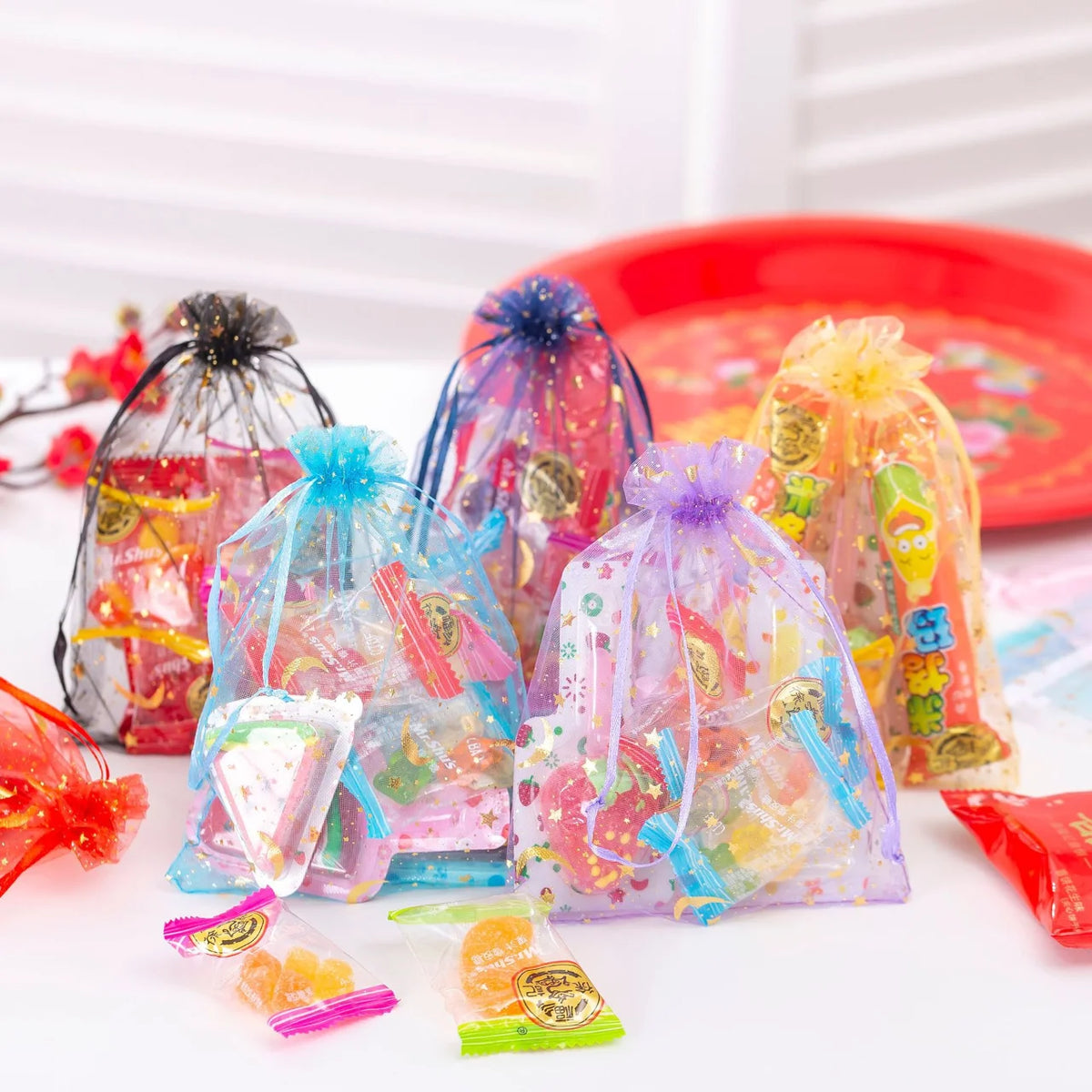 White Moon Stars Drawstring Organza Bags