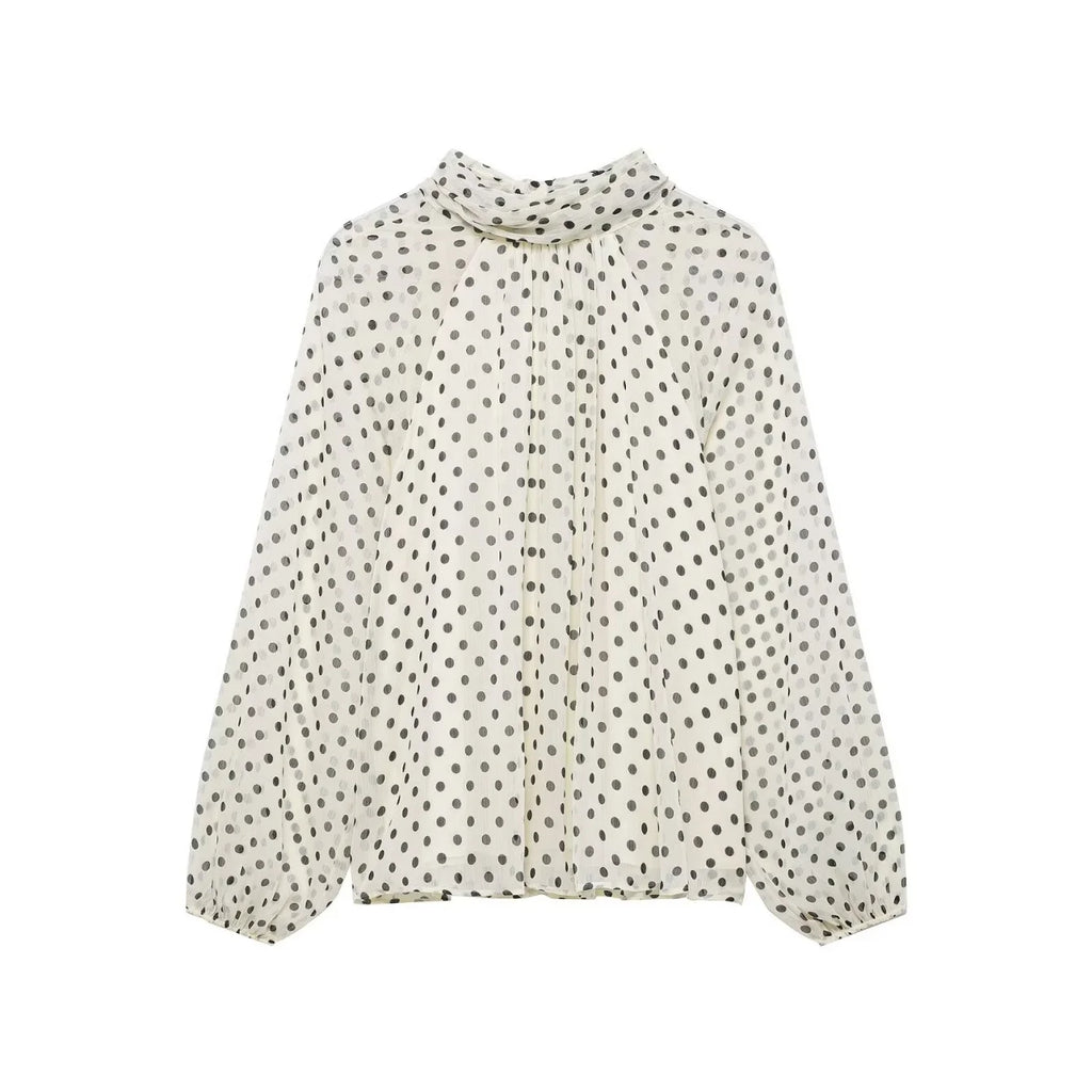 Women's Polka Dot Bow Lace - Up Long Sleeve Blouse