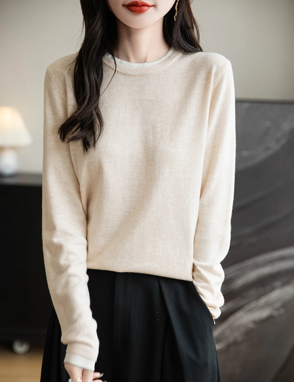T-shirt fin à col rond pour femme, pull en tricot, printemps été, basique, manches longues, fausse laine, doux, vêtements pour femme