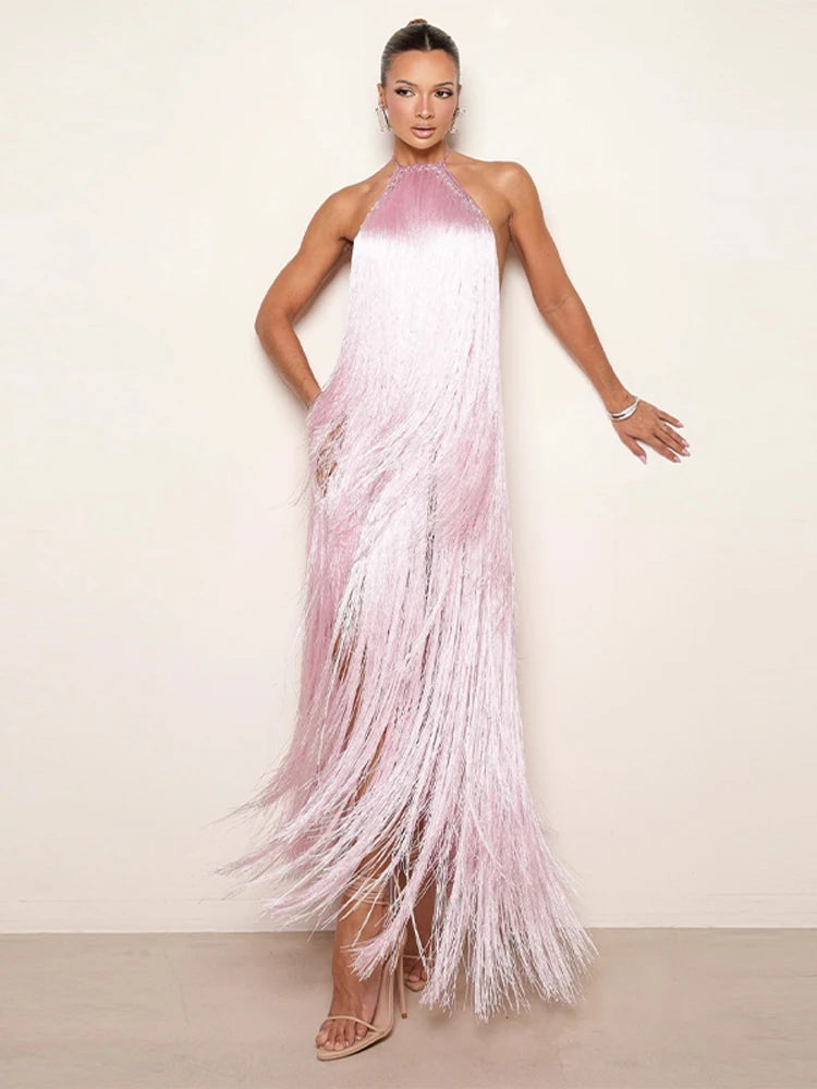 Robe de soirée pour femme, licou sans manches, dos nu, à pampilles, unie, longue, pour les vacances, élégante, d'été