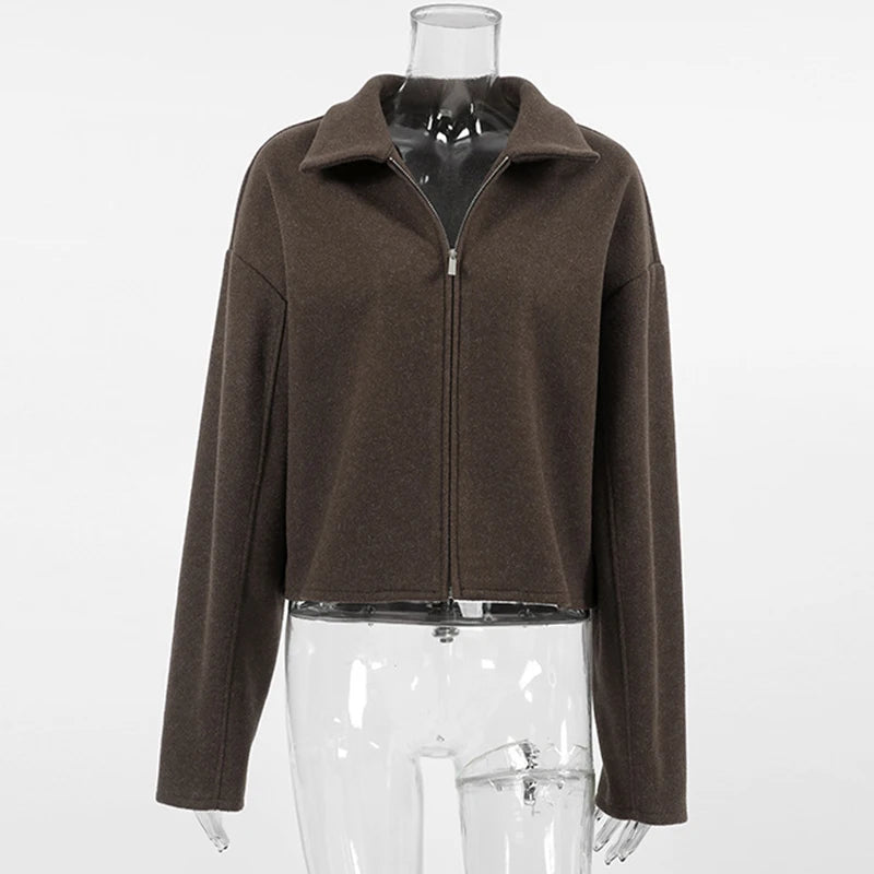 Elegant Women's Woolen Coat Zipper Long Sleeve Blazer