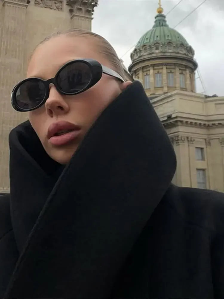 Manteau en laine pour femme à col montant, style urbain, ample, à manches longues et boutonnage, noir, veste féminine automne-hiver, vêtement d'extérieur pour femme