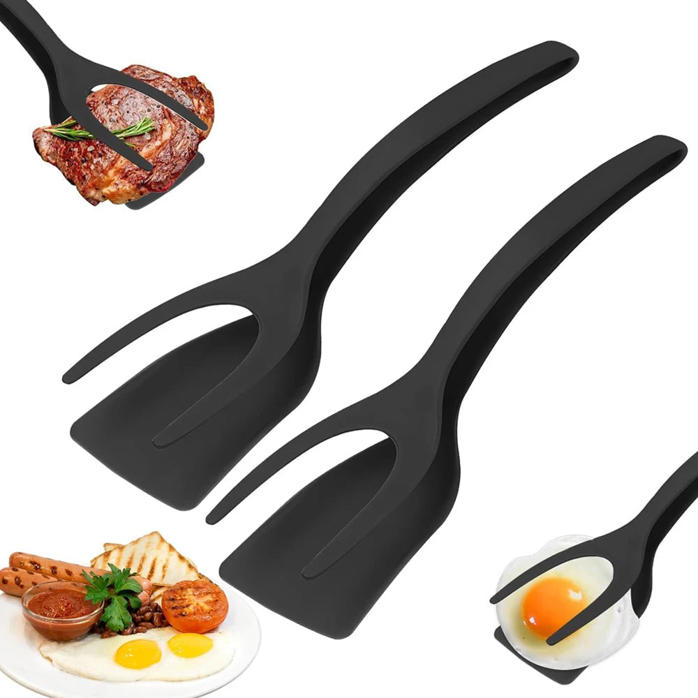 New 2 in 1 Grip Flip Spatula Tongs Egg Flipper