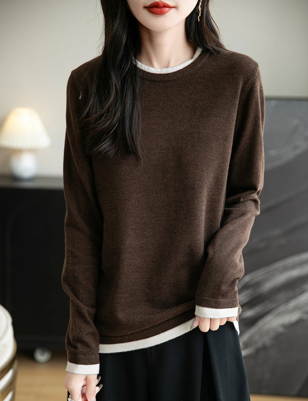 T-shirt fin à col rond pour femme, pull en tricot, printemps été, basique, manches longues, fausse laine, doux, vêtements pour femme