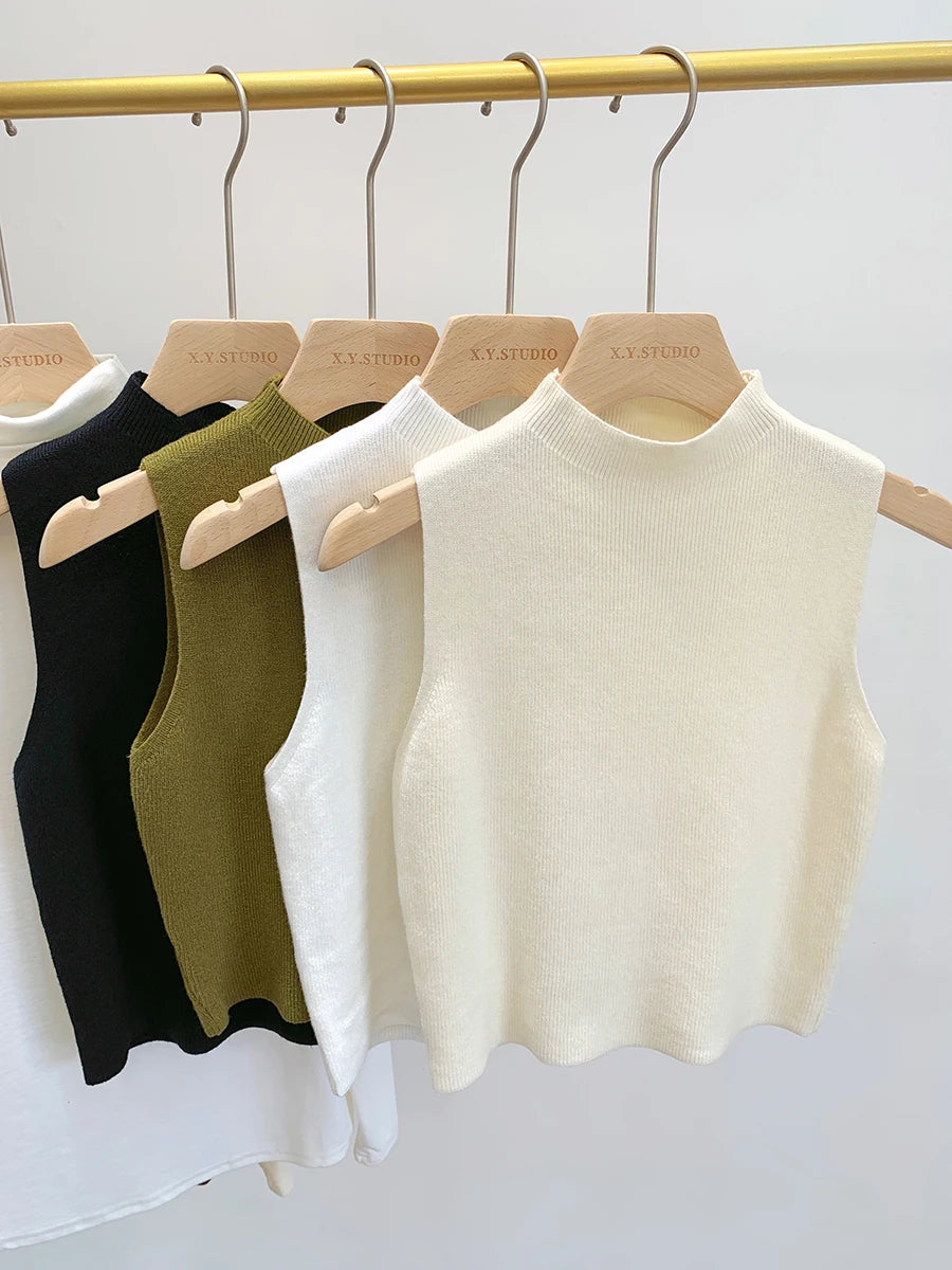 Débardeur Tricoté Femme Été Automne Pull Slim Court Sans Manches Couleur Unie Printemps Automne