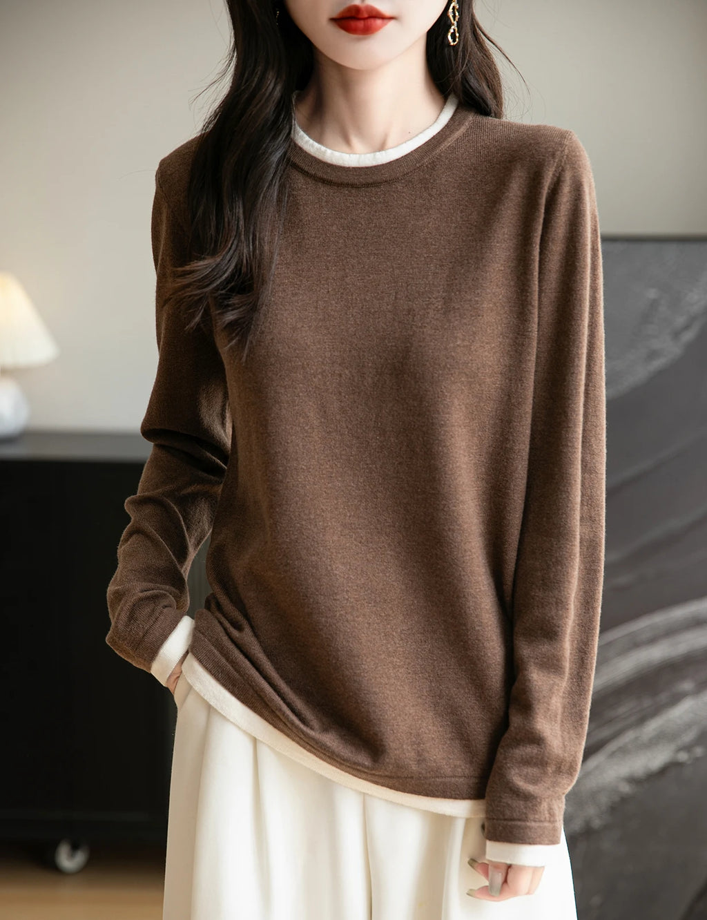 T-shirt fin à col rond pour femme, pull en tricot, printemps été, basique, manches longues, fausse laine, doux, vêtements pour femme