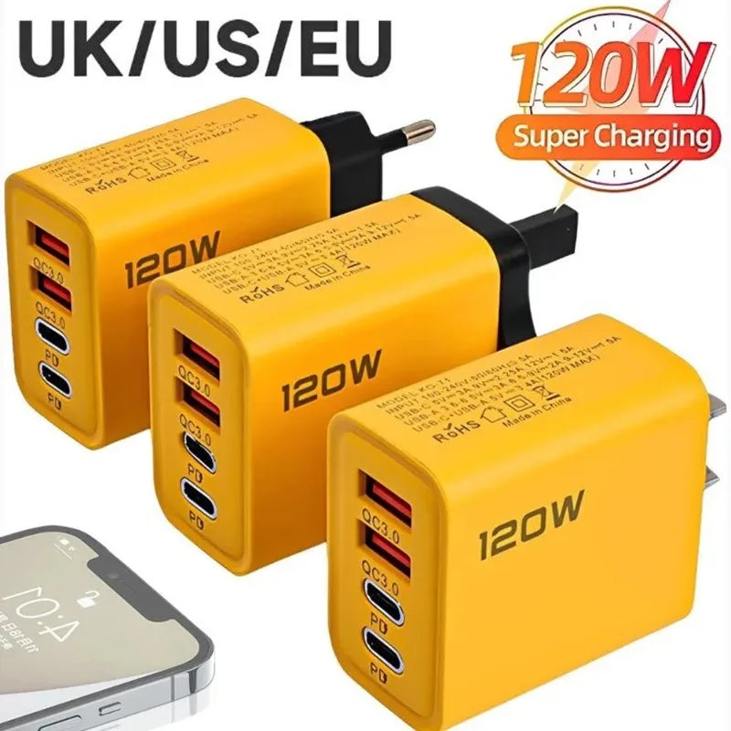 120W Fast Charging 4 Ports Mobile Phone Charger QC3.0