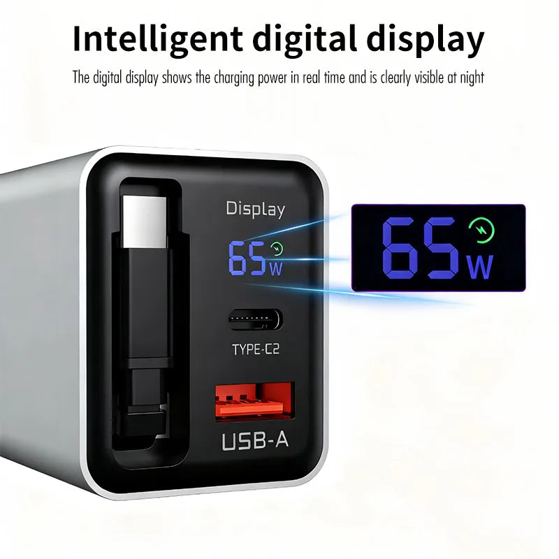 65W Digital Display Fast Charger With Retractable
