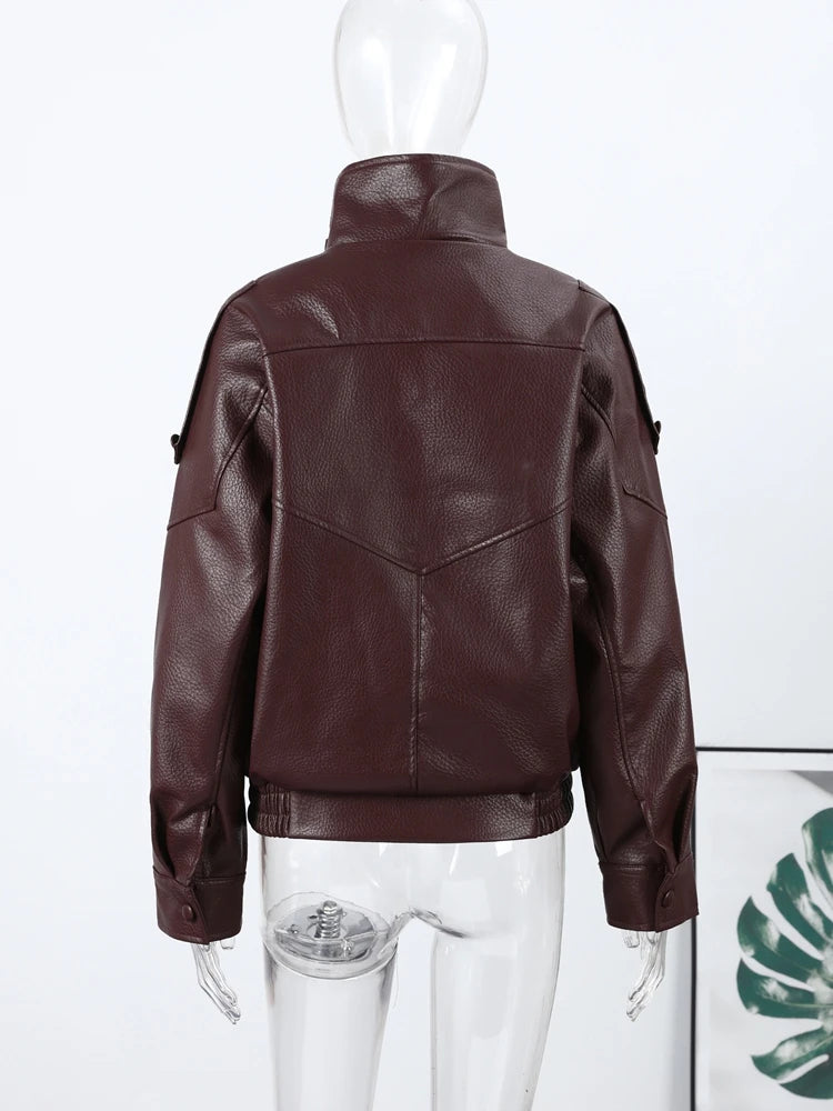 2026 Autumn Women's Faux Leather Jacket Brown Black
