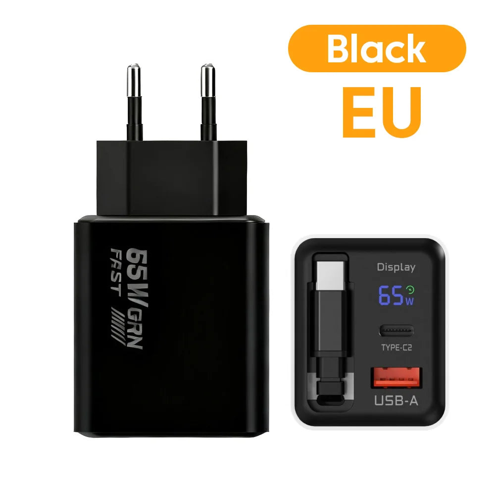 65W Digital Display Fast Charger With Retractable