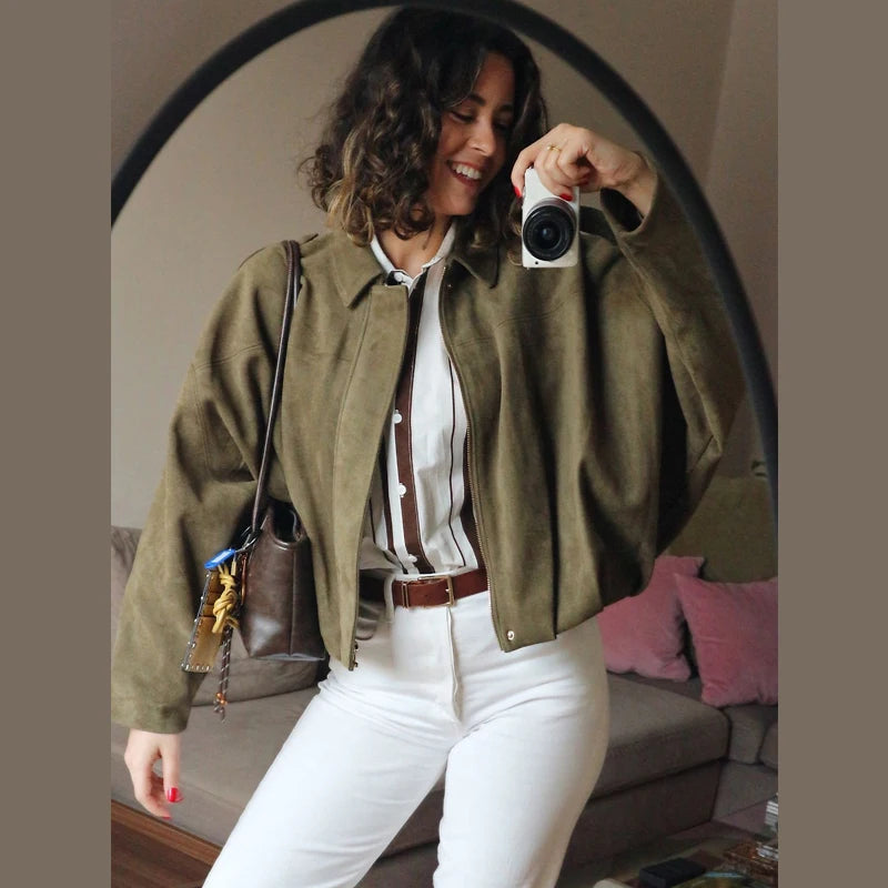 HXAO Women's Bomber Jacket Lapel Long Sleeve Zipper