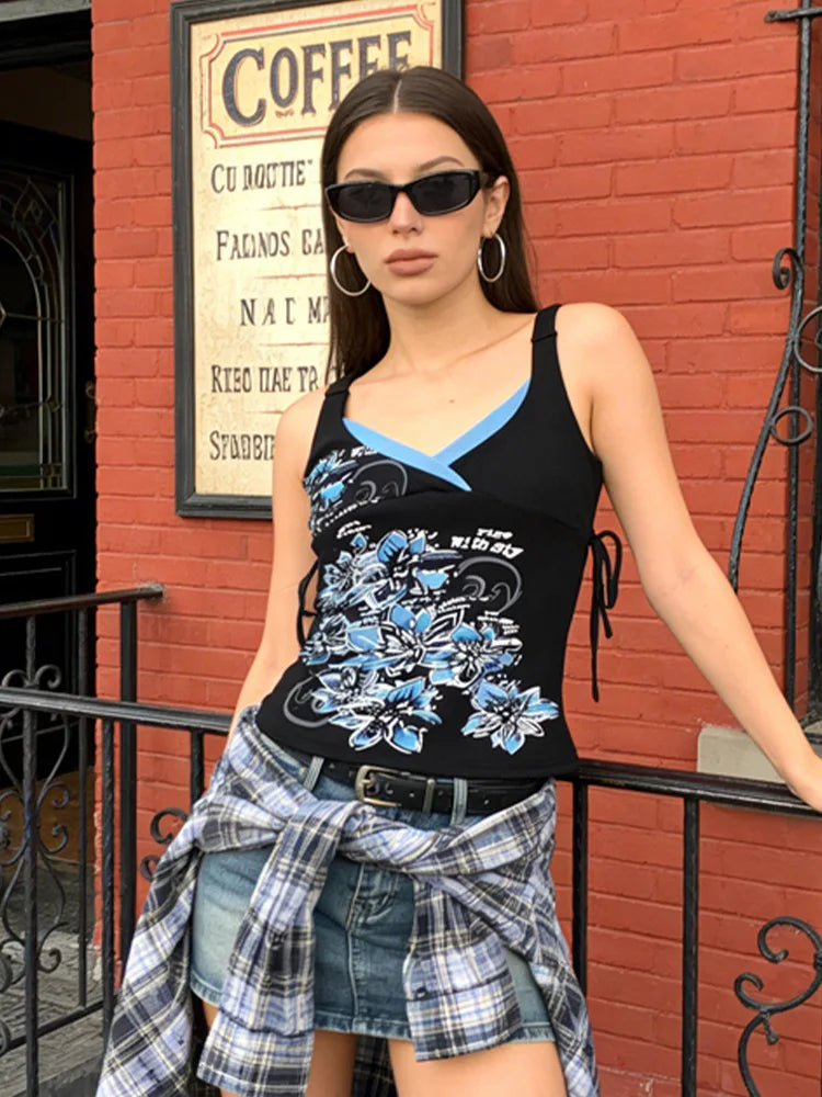 Summer Black Blue Floral Print V Neck Ribbed Side