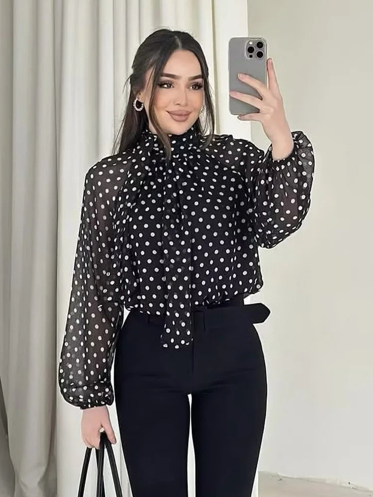 Women Polka Dot Print Blouse Casual High Collar Long
