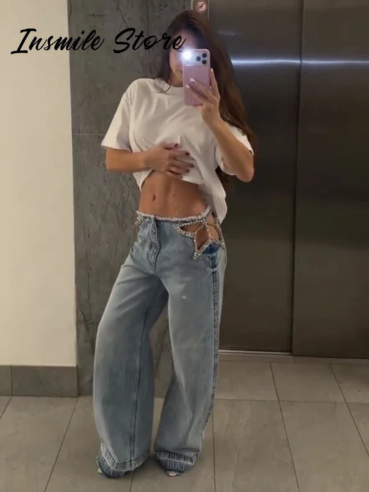 Jean étoile à taille haute et jambe large pour femme