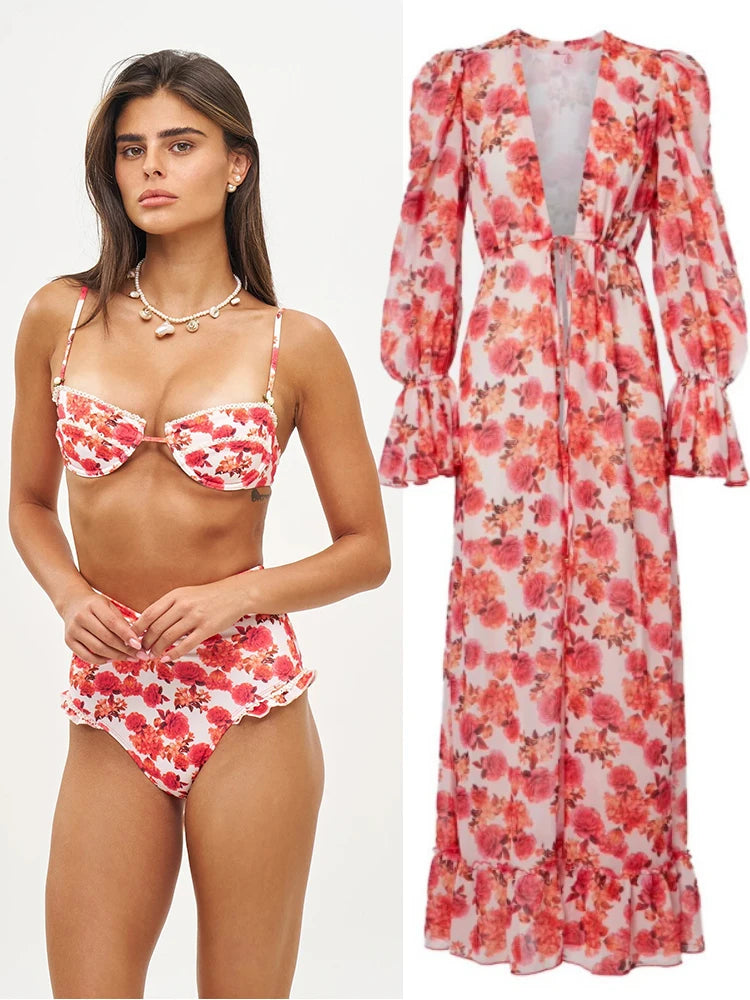 Long Dress Bikini Cover Up Print Mesh Swimwear