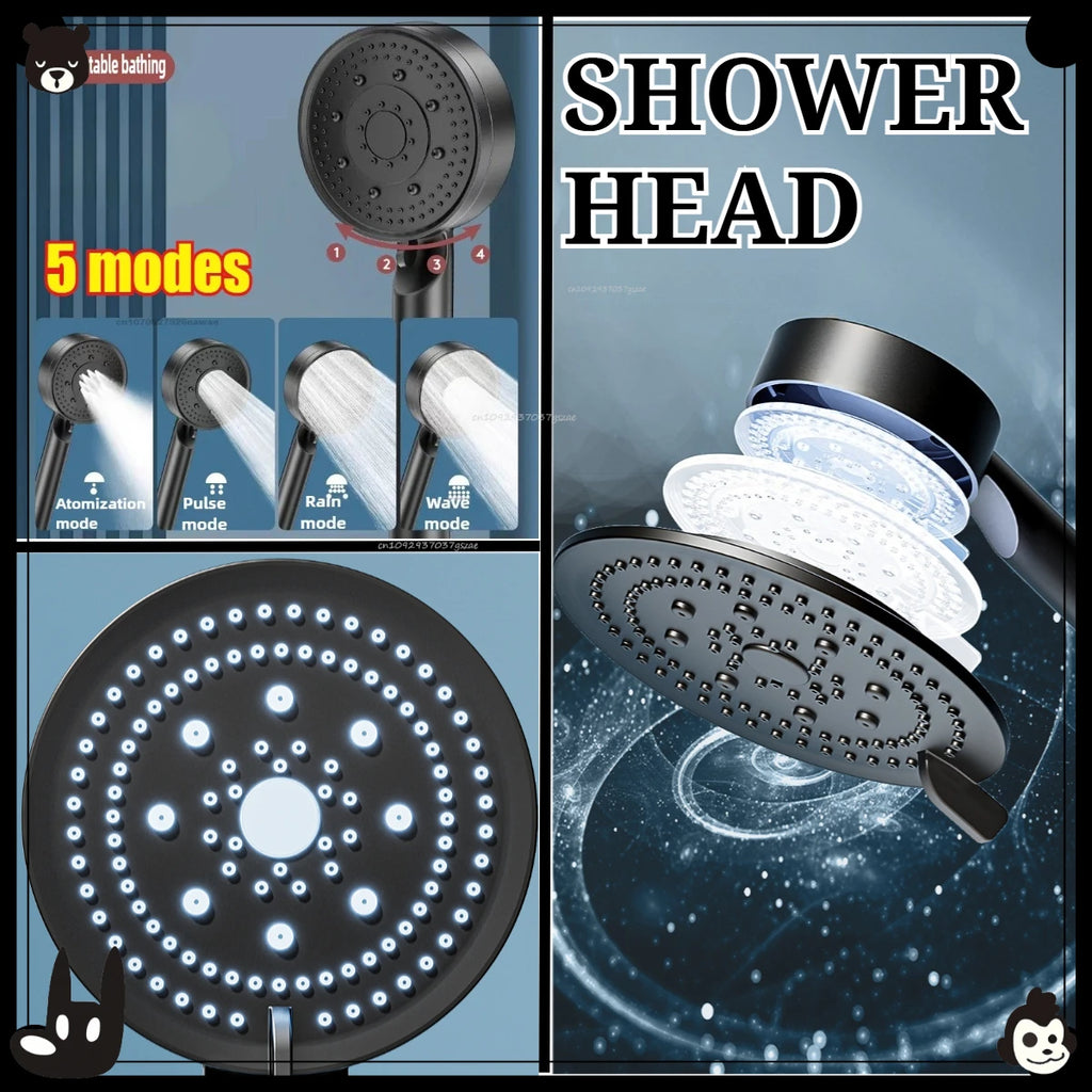 Black 5 Modes Shower Head Adjustable High