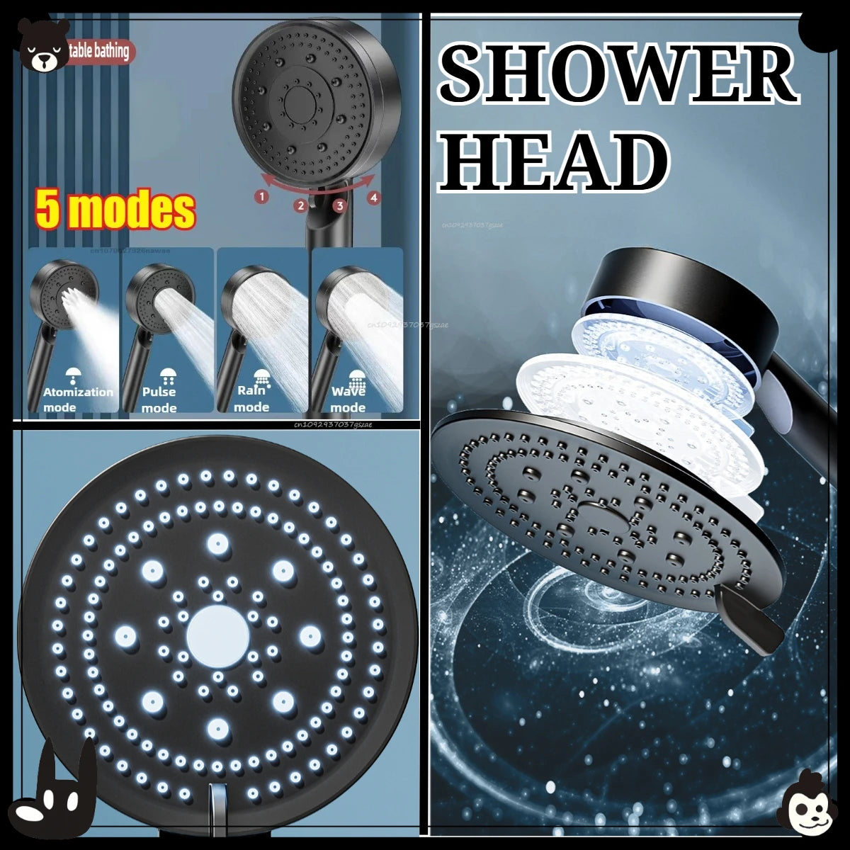 Black 5 Modes Shower Head Adjustable High