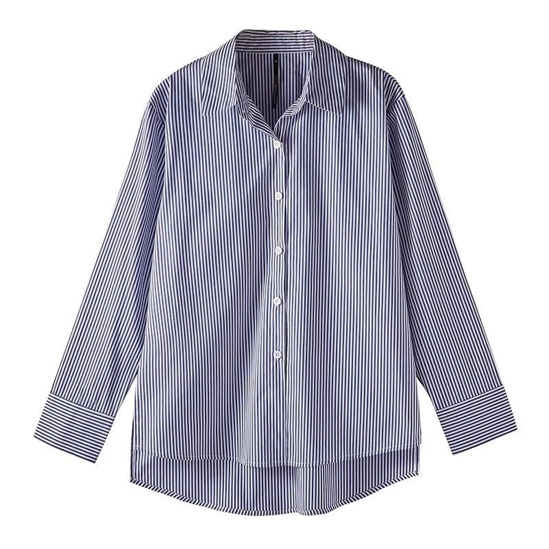 Women's Striped Lantern Sleeve Stand Collar Blouse