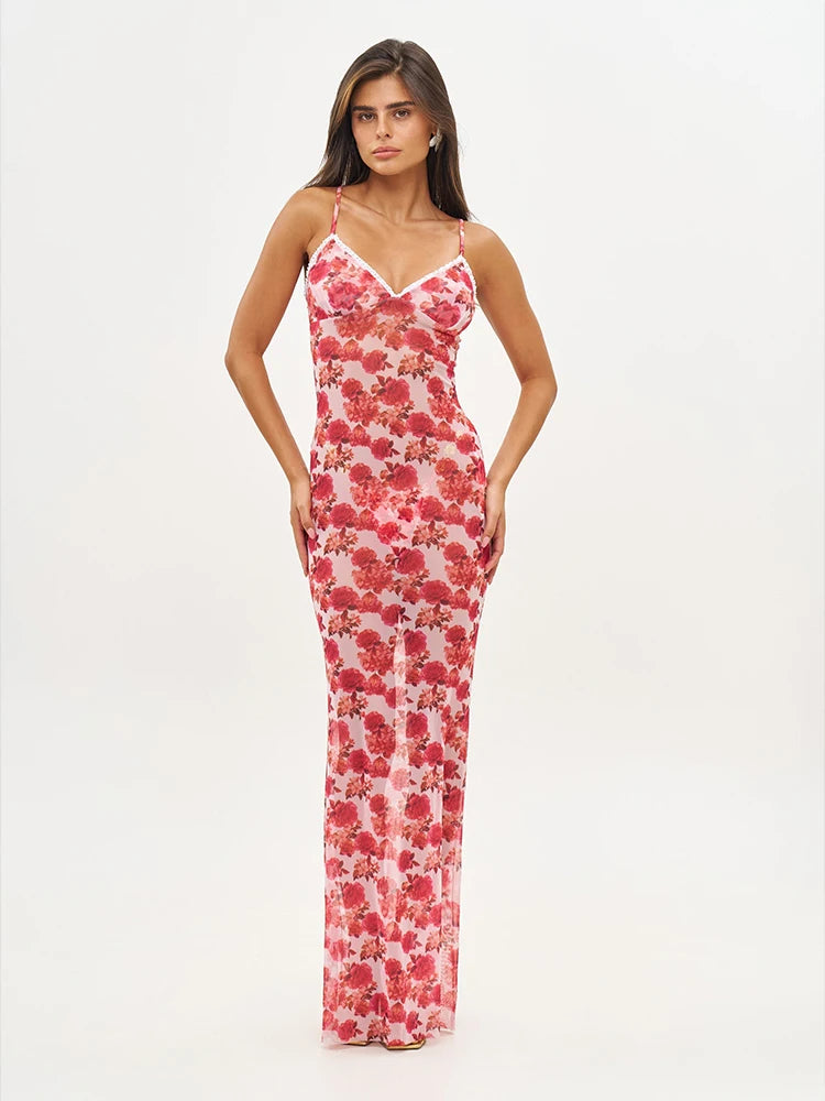 Long Dress Bikini Cover Up Print Mesh Swimwear