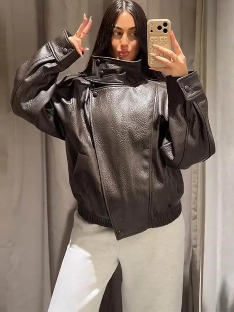 2026 Autumn Women's Faux Leather Jacket Brown Black
