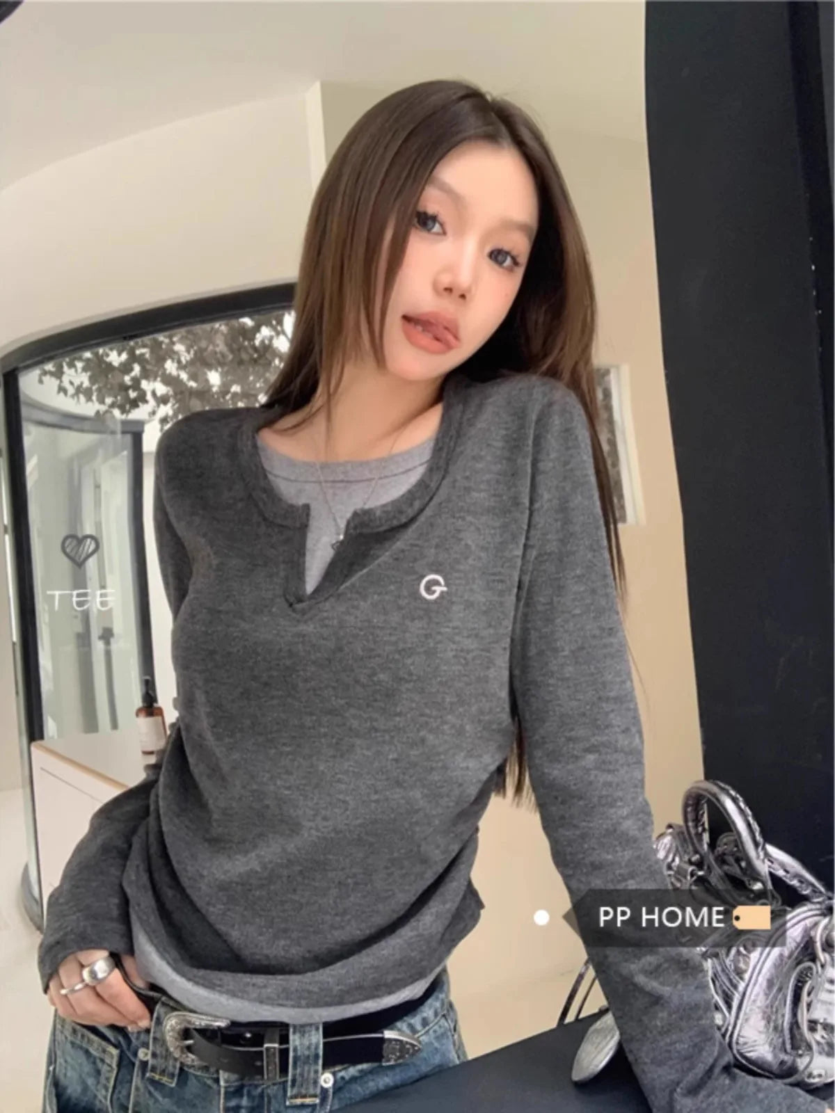 Women's Fake Two - Piece Slim Long Sleeve Base Top