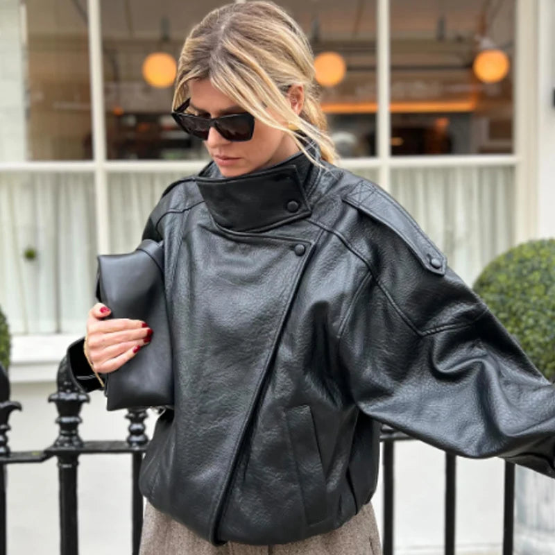HXAO New Arrival Women's Bomber Jacket Leather Black
