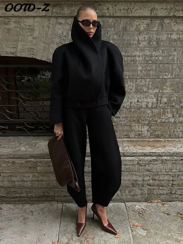 Manteau en laine pour femme à col montant, style urbain, ample, à manches longues et boutonnage, noir, veste féminine automne-hiver, vêtement d'extérieur pour femme