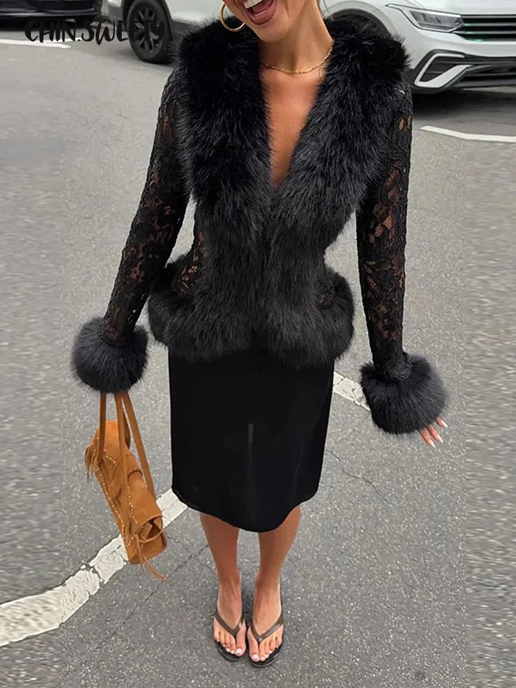 Sexy Lace Patchwork Women's Fur Coat V