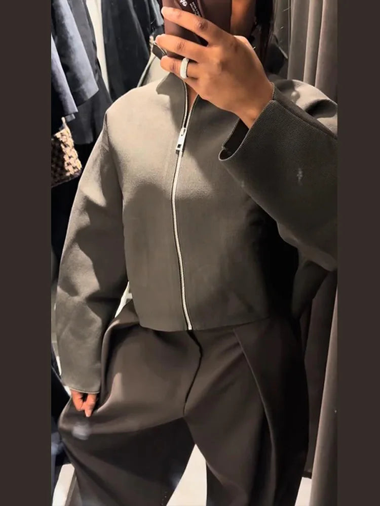 Vintage Stand Collar Women's Cropped Jacket Zipper