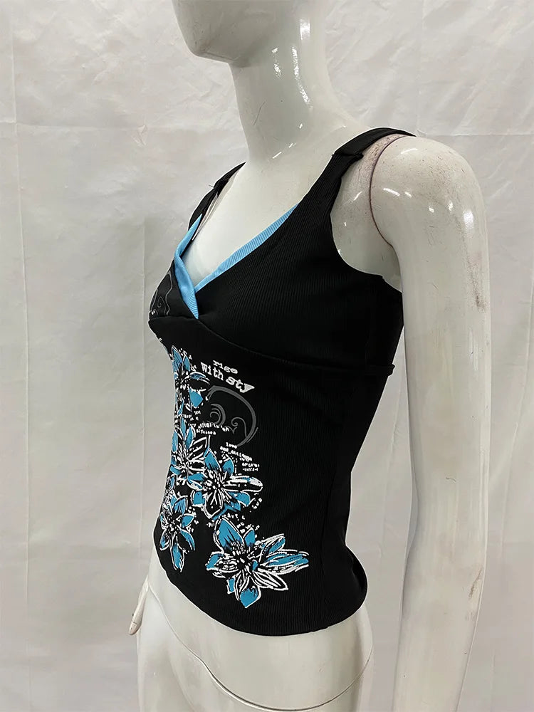 Summer Black Blue Floral Print V Neck Ribbed Side
