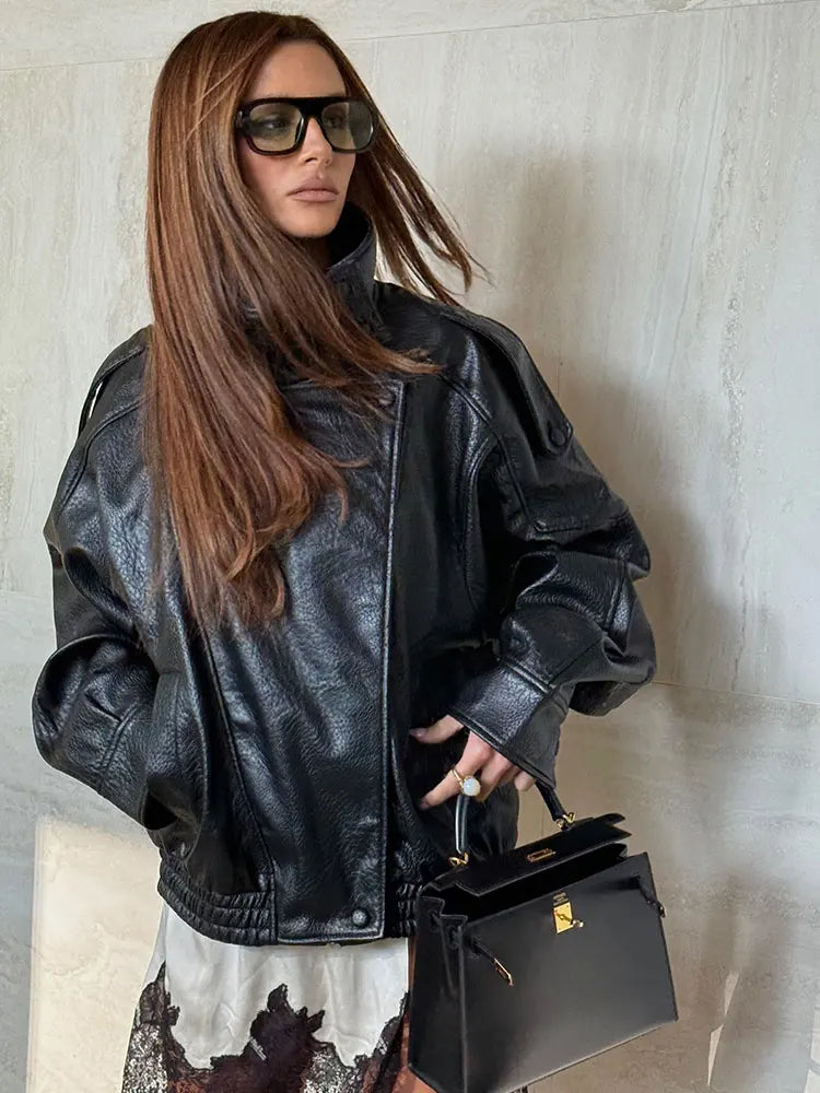 Women's Faux Leather Zip Jacket Streetwear Coat