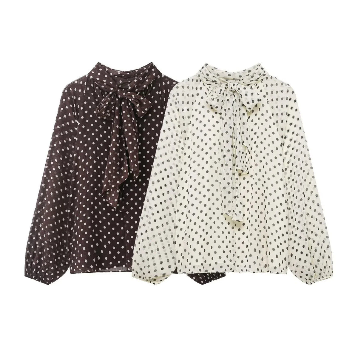 Women's Polka Dot Bow Lace - Up Long Sleeve Blouse