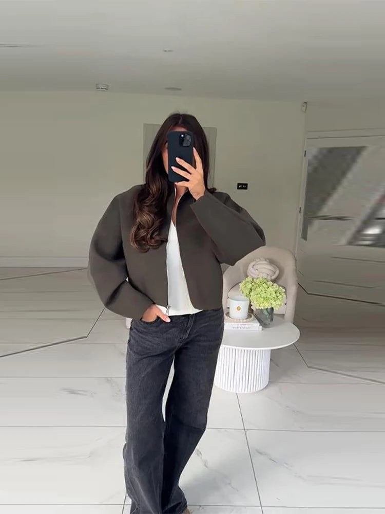 Vintage Stand Collar Women's Cropped Jacket Zipper