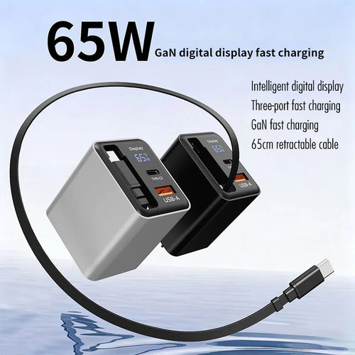 Chargeur rapide 65W à affichage numérique avec câble rétractable
