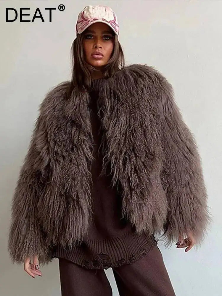 DEAT Fashion Brown Faux Fur Coat Women's Round Neck